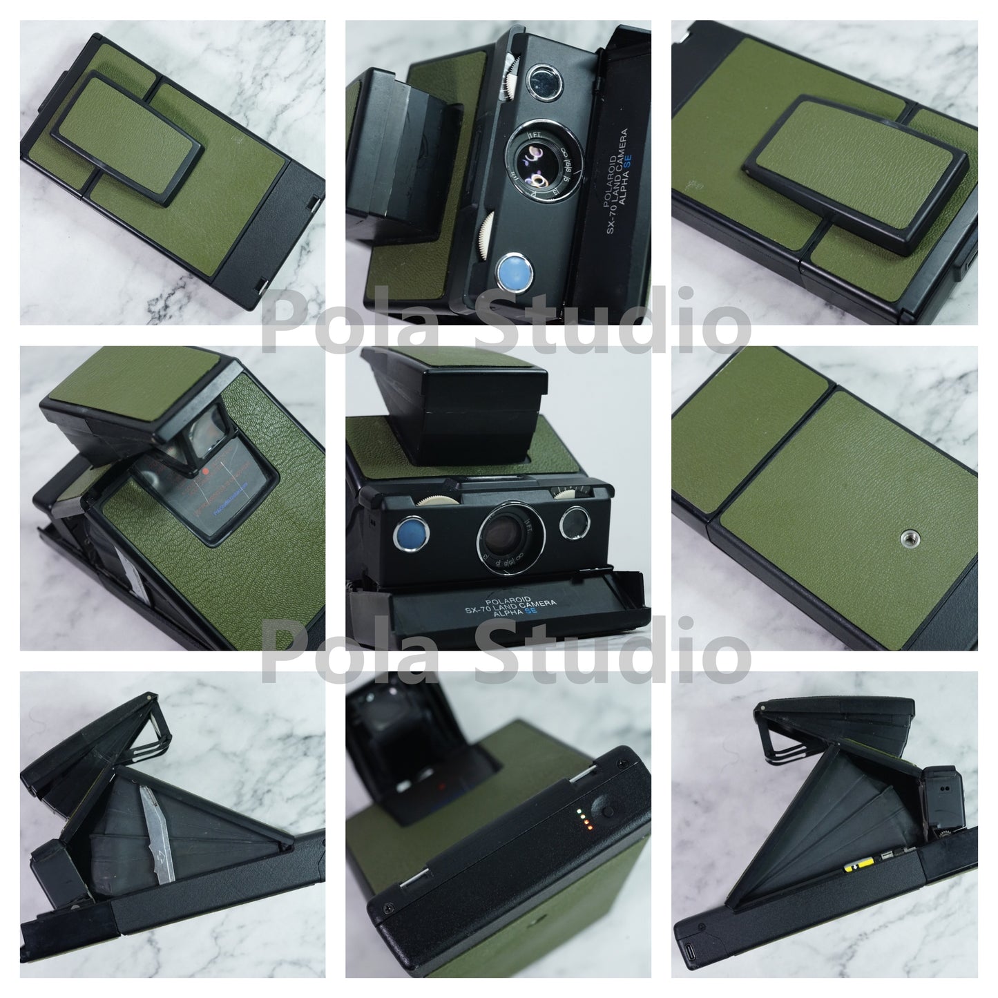 Polaroid Sx70 ALPHA SE camera  with GREEN LEATHER POWER KIT