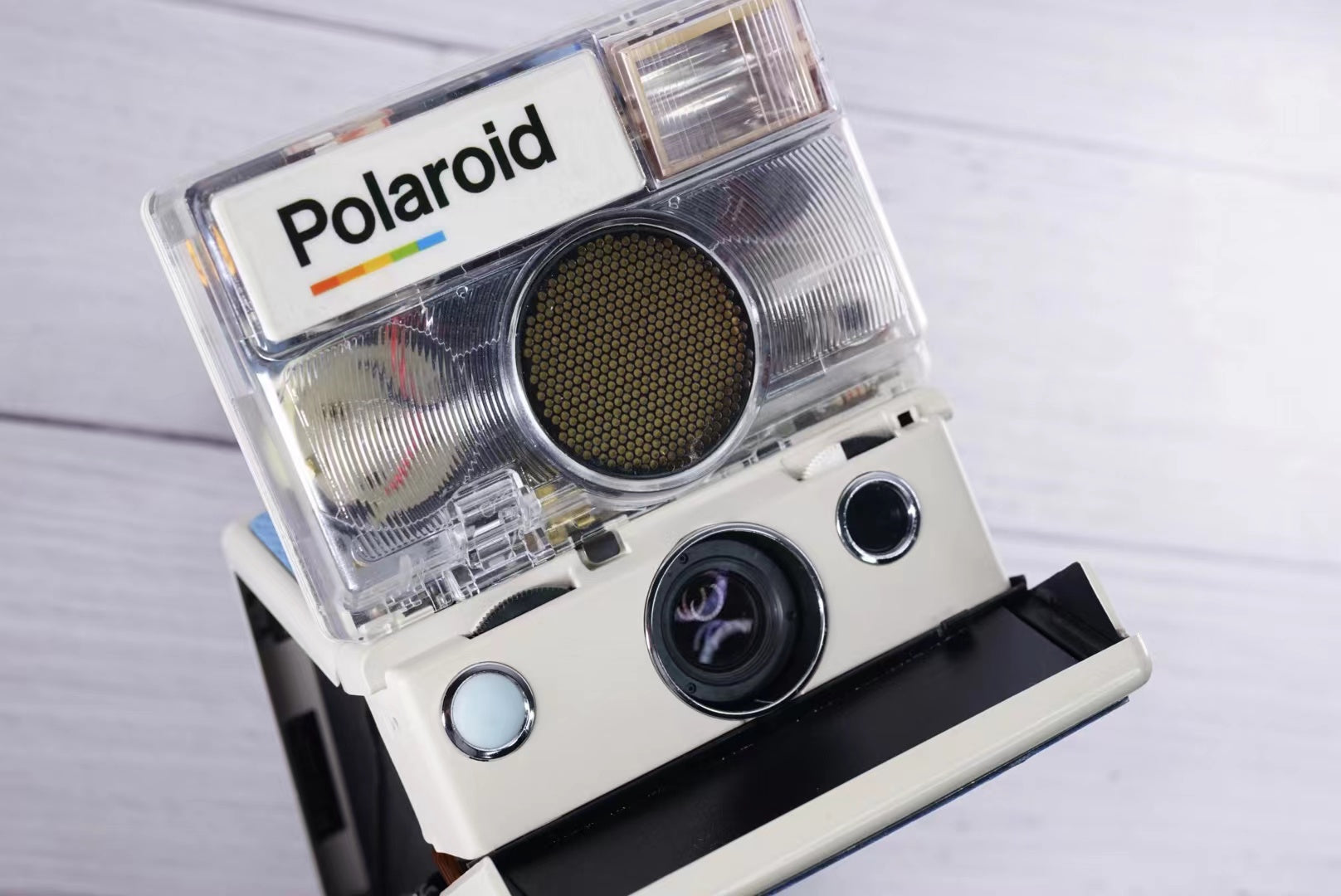 Polaroid SLR 680 White Body transparent Blue shutter button Custom 